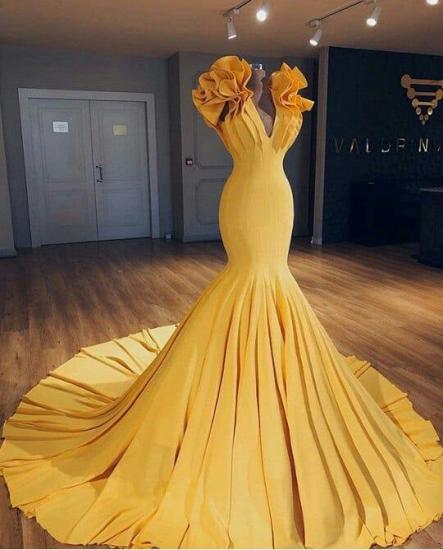 2022 Günstige Ginger Yellow Mermaid Prom Kleider auf Schaufensterpuppen | Rüschen Hofzug Sexy Abendkleider BA9299_3