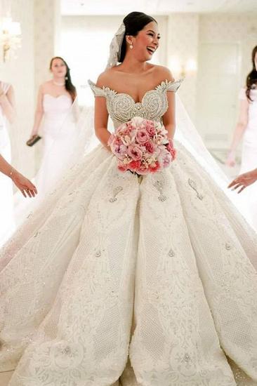 Elegant Sparkle Diamond Off-the-shoulder Luxury Ball Gown Wedding Dress with Cathedral Train