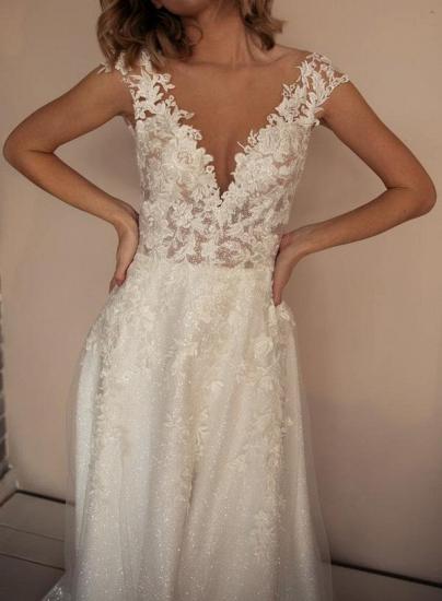 Cheap Sparkly V Neck A Line Wedding Dresses With Lace_3