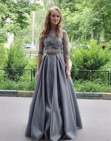 Lange U-Ausschnitt-Hlaf-Ärmel 2022 Formelles Abendkleid Bodenlanges elegantes zweiteiliges Abendkleid aus grauer Spitze_2