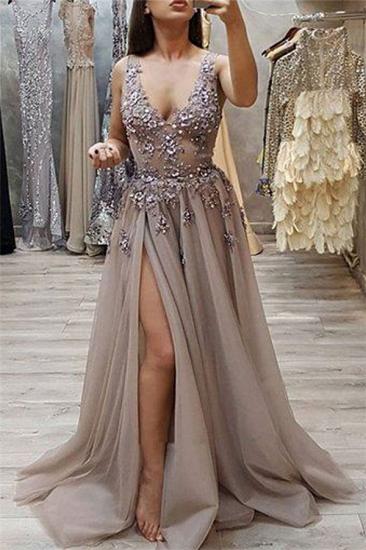 Sexy V-Neck Sleeveless Prom Dresses 2022 | Cheap Lace Split Long Evening Dresses_1