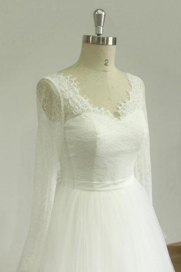 Erschwingliches A-Linie weißes Spitzen-Tüll-Hochzeitskleid | Langarm-Brautkleider mit V-Ausschnitt_4