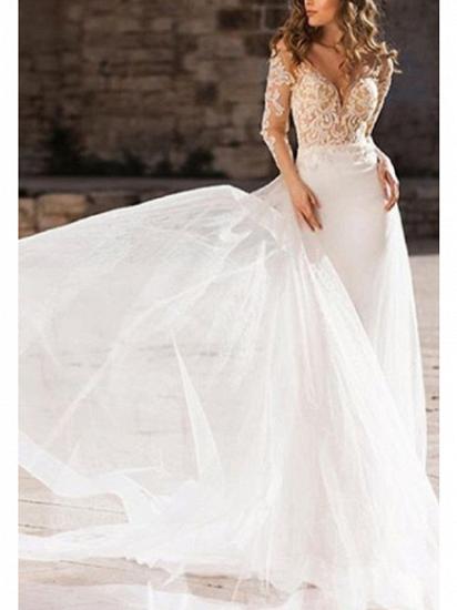 A-Line Wedding Dresses V-Neck Organza Tulle Stretch Satin Long Sleeve Bridal Gowns Court Train_2