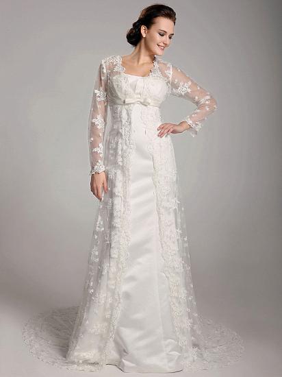 StylishSheath Wedding Dress Square Lace Satin Long Sleeve Bridal Gowns with Sweep Train