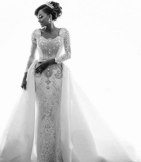 Mermaid Wedding Dresses with Trendy Overskirt | Beads Lace Appliques Long Sleeve Bridal Gowns_5