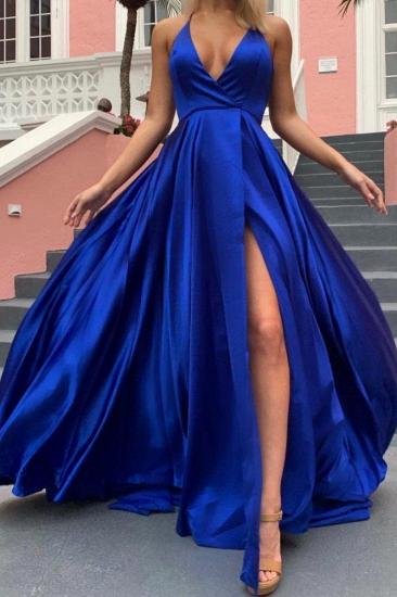 Spaghetti Strap Shiny Royal Blue Prom Dress with High Split | Sexy V-neck Princess Evening dress online