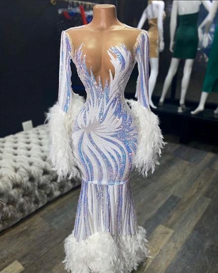 Illusion neck Long sleeve Luxury Fur Sequin Mermaid Prom Dress_2