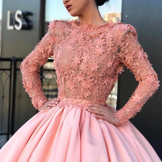 Long Sleeve Ball Gown Pink Prom Dress | Appliques Pink Evening Gowns_4