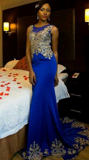 Royal Blue Sleeveless Prom Dresses 2022 | Mermaid Champagne Gold Lace Appliques Evening Gown_2