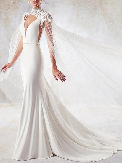 Stilvolles Meerjungfrau-Hochzeitskleid mit V-Ausschnitt, sexy, ärmelloses Brautkleid mit offenem Rücken und Perlenschärpe