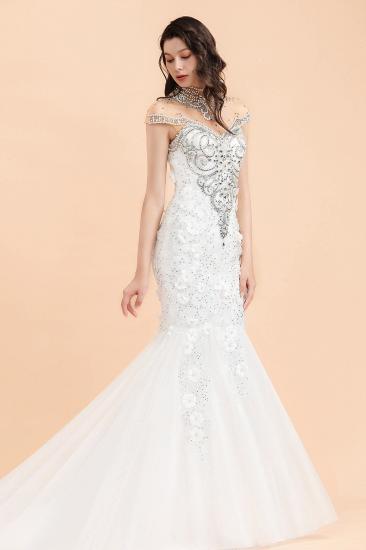 Sparkle High neck Mermaid Silver Beaded White Wedding Dress_5