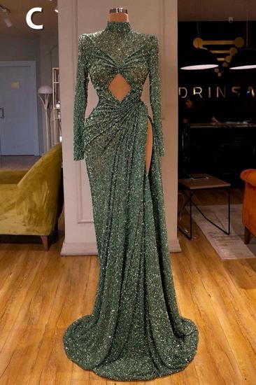 Sparkle dark green high split straps sequin sleeveless long prom dress_7