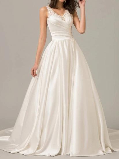 A-Line Wedding Dress V-neck Polyester Sleeveless Bridal Gowns Formal Plus Size with Sweep Train_1