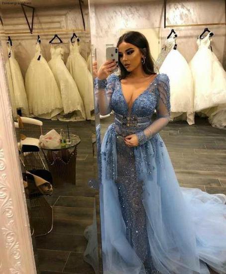 Gorgeous Long Sleeves V-Neck Lace Beaded Mermaid Prom Dresses with Over Skirt_2