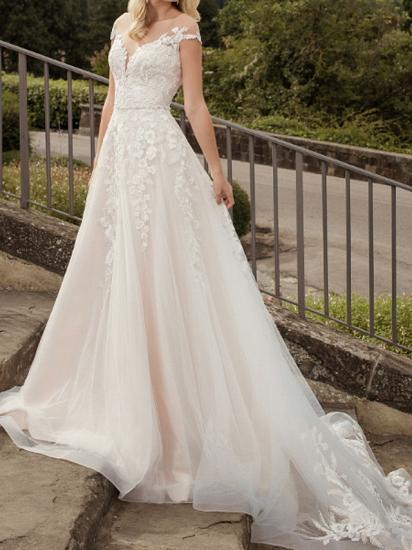 A-Line Wedding Dresses V-Neck Lace Tulle Short Sleeve Bridal Gowns Country Plus Size Court Train