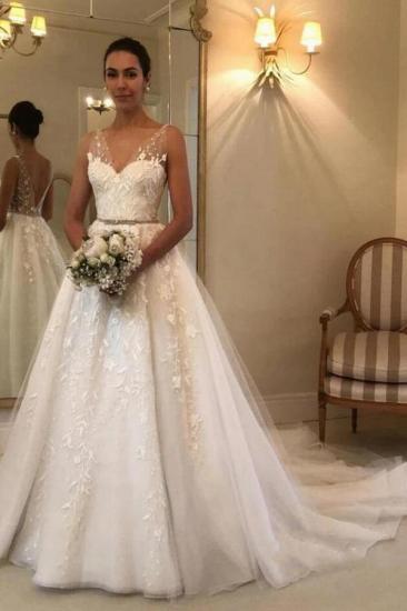 Glamouröse Brautkleider mit V-Ausschnitt Tüll Ärmelloses 3D-Brautkleid mit Blumenspitze_2