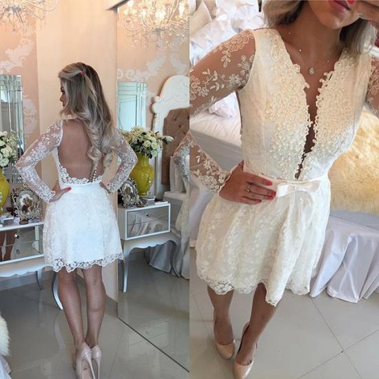 White A-line Lace Mini Cocktail Dress Long Sleeve Beadings Open Back Short Homecoming Dress_4