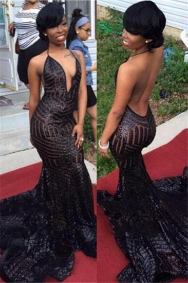 Sexy Black Mermaid Sequined Prom Dresses 2022 Backless V-Neck Evening Gowns_2