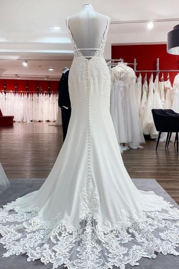Romantische Meerjungfrau-Brautkleider mit V-Ausschnitt, ärmelloses, weiches Spitzen-Hochzeitskleid_2