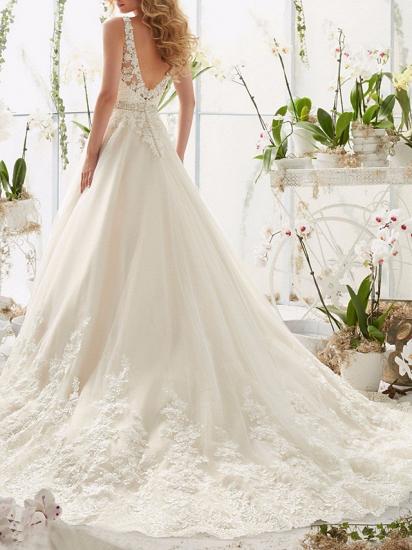 A-Line Wedding Dresses V-Neck Lace Straps Bridal Gowns with Court Train_2