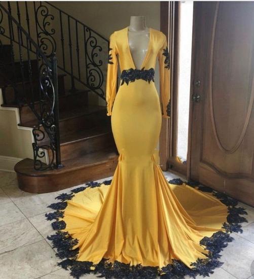 Deep V-neck Long Sleeves Black Appliques Yellow Mermaid Prom Dresses_2