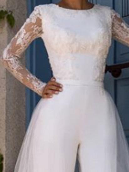 Moderne Jumpsuits Hochzeitskleid Jewel Lace Tüll Langarm Brautkleider mit Hofschleppe_2