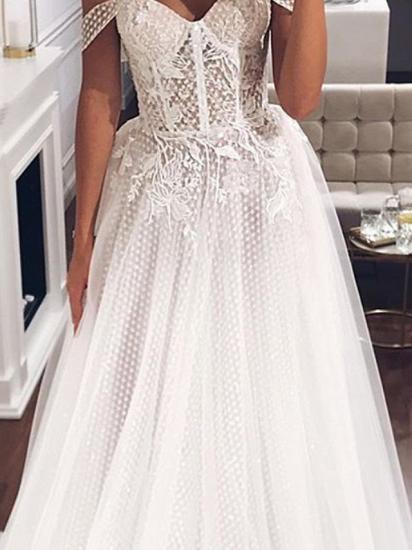 Country Plus Size A-Line Off Shoulder Wedding Dress Tulle Short Sleeve Bridal Gowns with Sweep Train_3