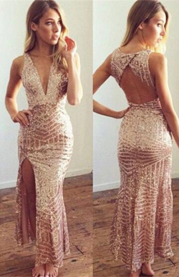 2022 Geometric Sequin Long Party Dress V-neck Open Back Evening Gowns with Split_1