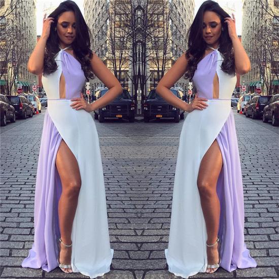 Weiß und Lavendel Sexy Split Abendkleider Günstige | Halfter ärmelloses Chiffon 2022 formelles Kleid_4