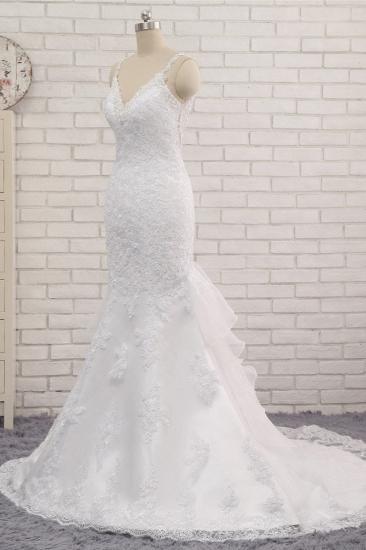 TsClothzone Elegante weiße Meerjungfrau-Hochzeitskleider mit V-Ausschnitt, ärmellose Spitzen-Brautkleider mit Applikationen im Angebot_4