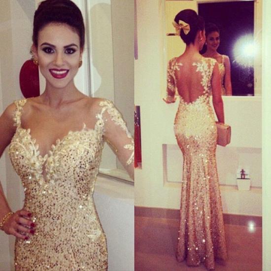 Gold Sequined Open Back Trumpet Prom Dresses with One Shoulder Appliques 2022 Long Evening Dresses_1