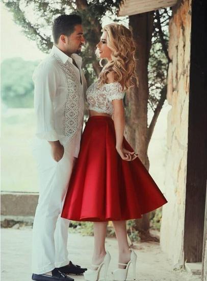 Bright Red Two Piece Evening Dresses 2022 Satin White Lace Prom Dress