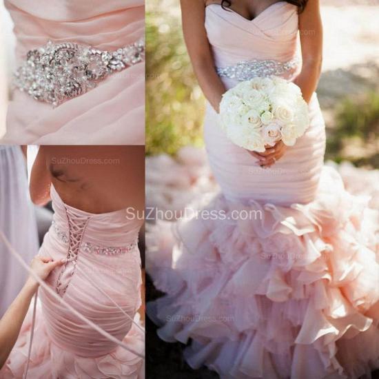 Sexy Mermaid Sweetheart Wedding Dresses Pink Crystal Lace-Up Lovely Ruffles Bridal Gowns_4