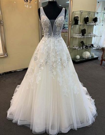 TsClothzone Glamorous Unique White Tulle V-Neck Wedding Dress Long Beaded Lace Bridal Gowns On Sale_3
