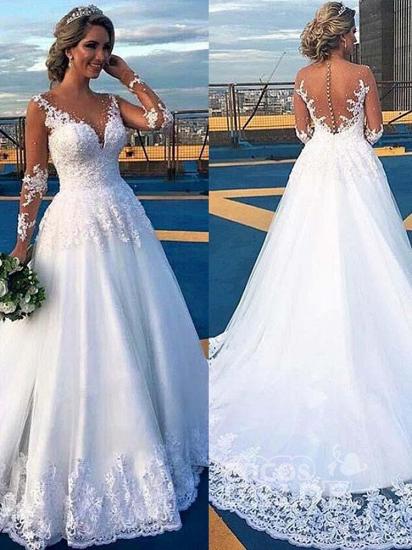 Fabulous Long Sleeves Tulle V Neck Lace White Ball Gown Wedding Dresses_3