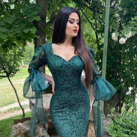 Green Lace Long Sleeve Evening Gowns Mermaid Prom Dress Online_4