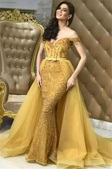 2022 Gold Schulterfrei Meerjungfrau Sexy Abendkleider | Überrock Spitze Tüll Günstige Brautjungfernkleider Online_2