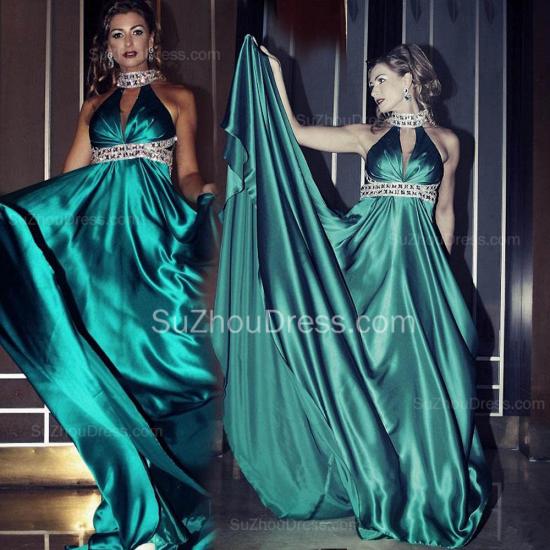 Green Halter Crystal High Collar Evening Dress Court Train Chiffon Plus Size Dresses for Women_3
