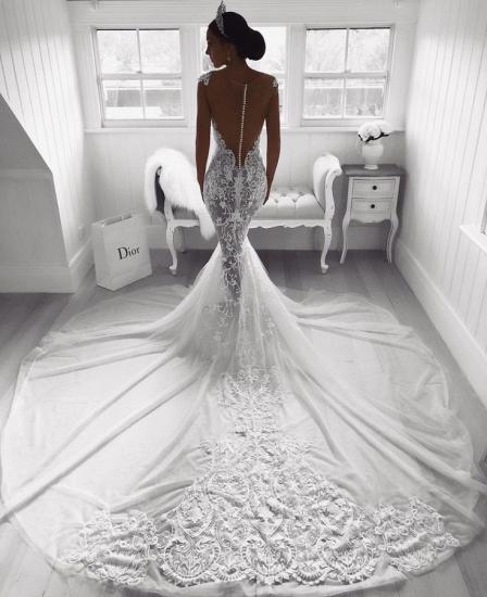 Charming Lace Mermaid Wedding Dress Long Zipper Button Back Bridal Gowns_3