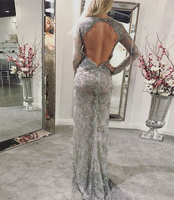 Silver Sexy V-neck Lace Prom Dresses | Elegant Long Sleeves Open Back Front Split Long Evening Dress_4