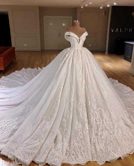 TsClothzone Gorgeous Off-the-shoulder V-neck Lace Wedding Dresses A-line White Ruffles Bridal Gowns With Appliques On Sale_3