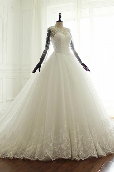 TsClothzone Stylish Jewel Long Sleeves Tulle Wedding Dress Pearls Lace Appliques Bridal Gown with Crystals On Sale_4