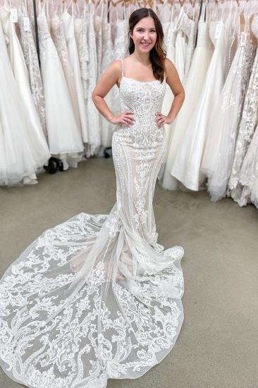 Long Mermaid Spaghetti Straps Backless Appliques Lace Floor-length Wedding Dress_1