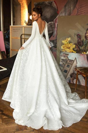 Elegant Lace Bridal A-line V-Neck Long Sleeves Wedding Dresses_2