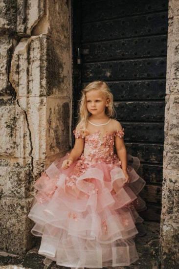 Lovely Jewel Short Sleeves Tiered Tulle Flower Girl Dresses with Handmade Flowers | Long Sheer Little Girl Pageant Dress
