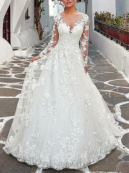 Affordable A-Line Wedding Dress V-neck Tulle Long Sleeve Bridal Gowns with Sweep Train