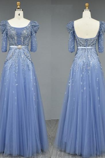 Wunderschöne Abendkleider Lang Blau | Glitzernde Ballkleider mit Ärmeln