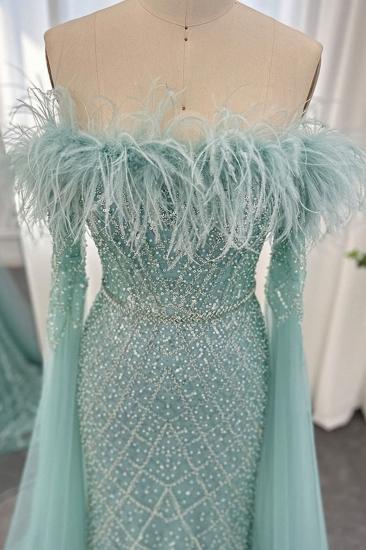 Glamorous Glitter Beading Mermaid Evening Gowns Fur Tulle Long Party Dress with Cape Sleeves_7