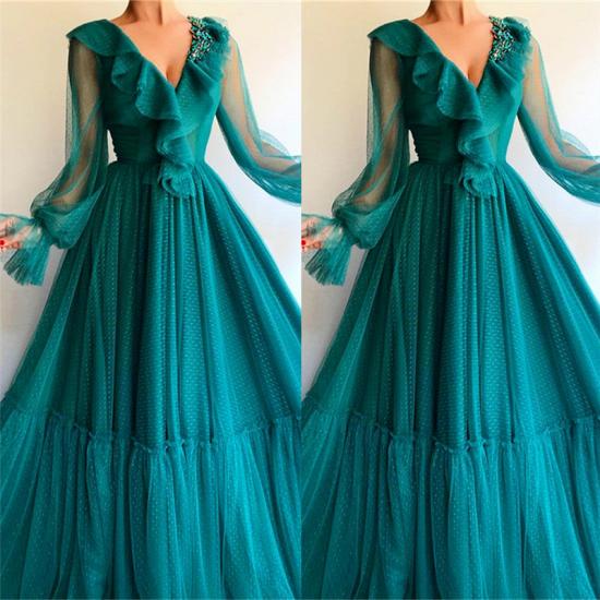 Stylish Long Sleeves V Neck Prom Dress | Affordable Beading Green Long Prom Dress_2