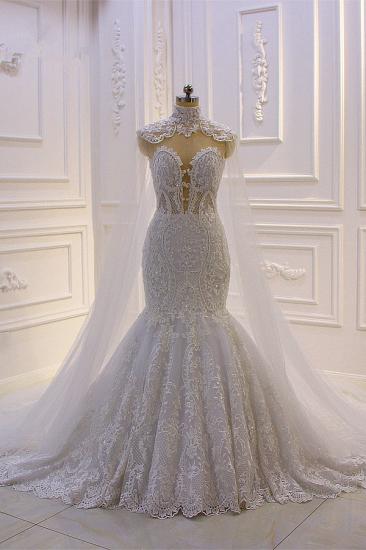 Luxury 3D Lace Applique High Neck Tulle Mermaid Wedding Dress_1